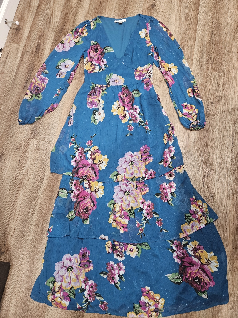 Floral V-Neck Tiered Maxi Dress in Teal Blue
